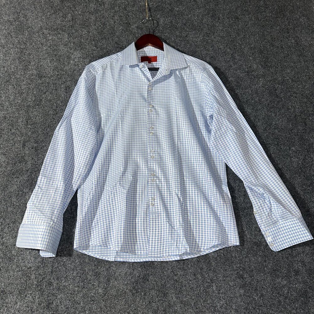 Elie Balleh Shirt Mens Medium Button Up Blue Gingham Check Long Sleeve Italy
